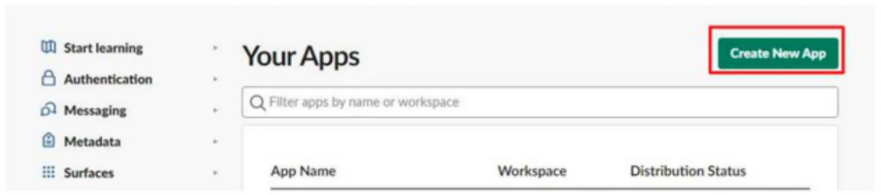 Slack APIのCreate New Appボタン