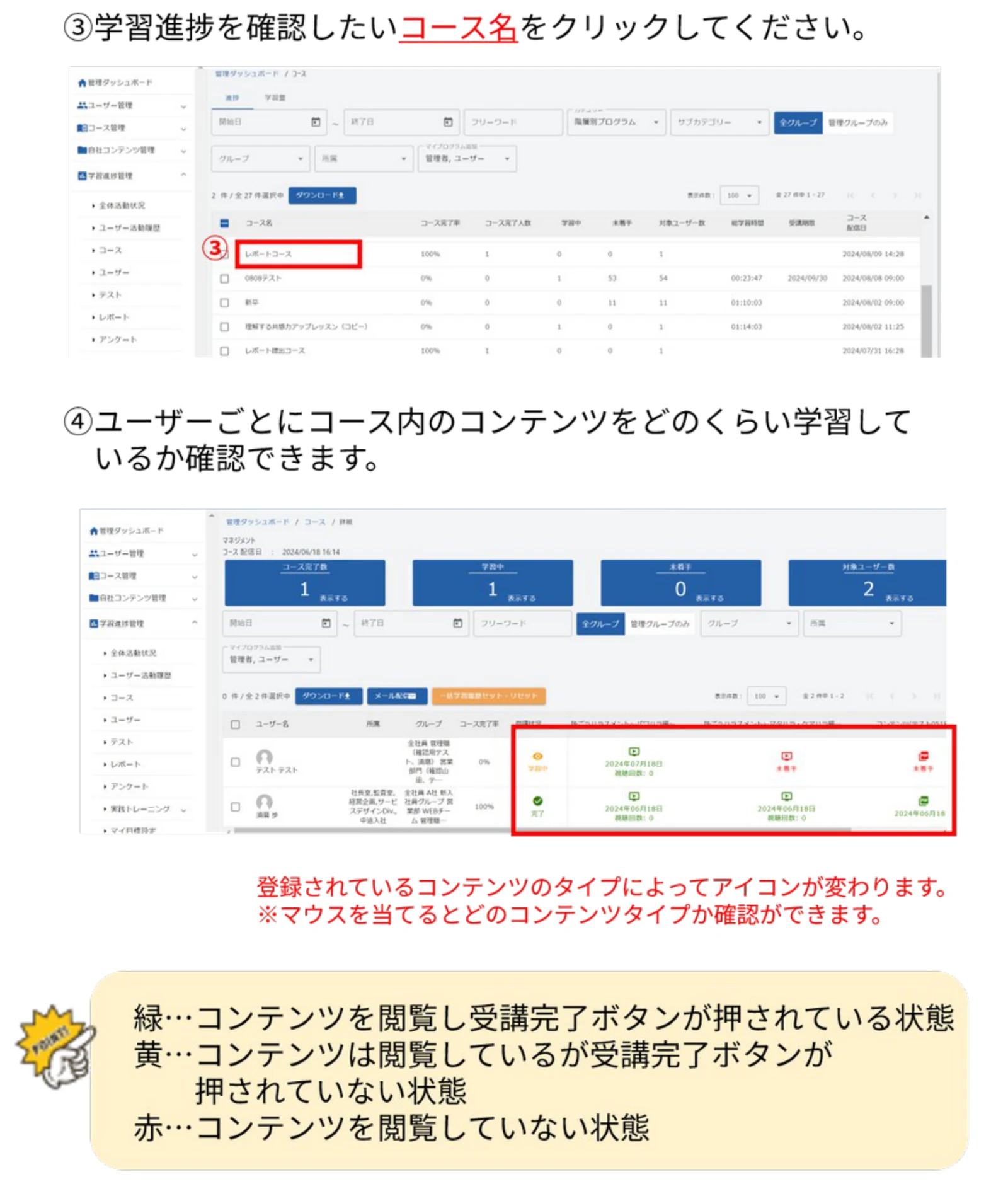 コース内のユーザーごとの学習状況