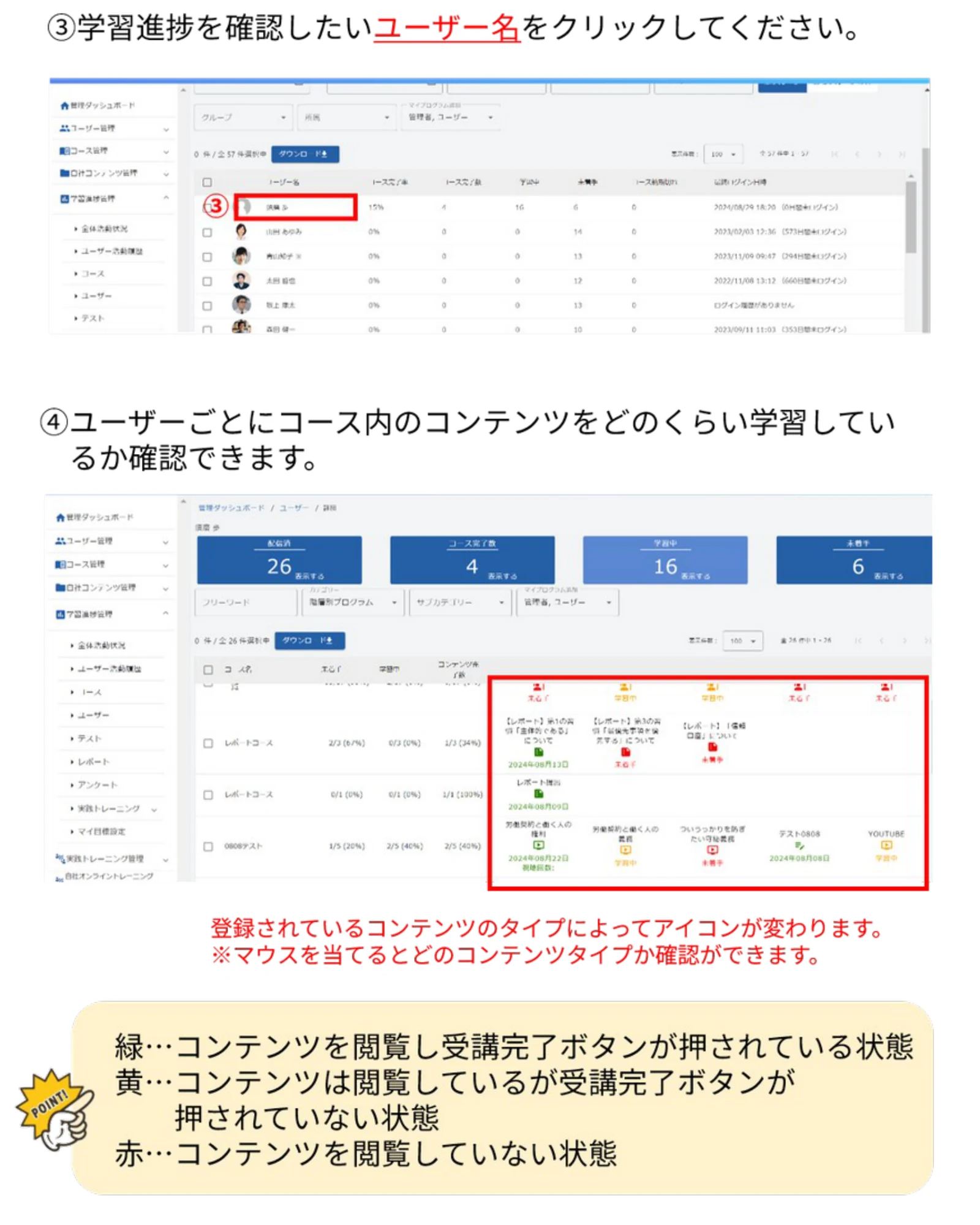 ユーザーのコース別学習状況