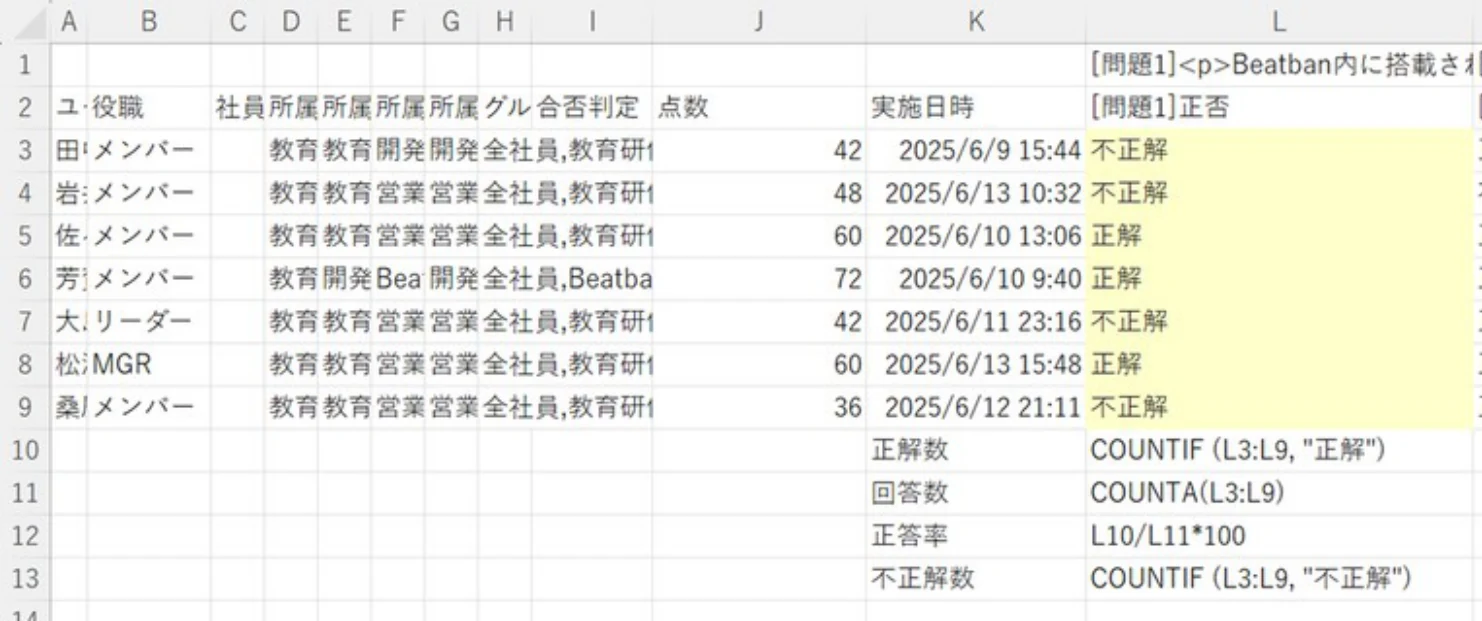 正否列の下に関数を入力した例