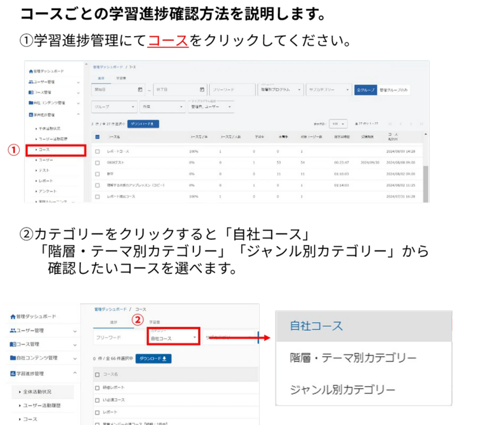 コース別の学習進捗画面とカテゴリーの選択