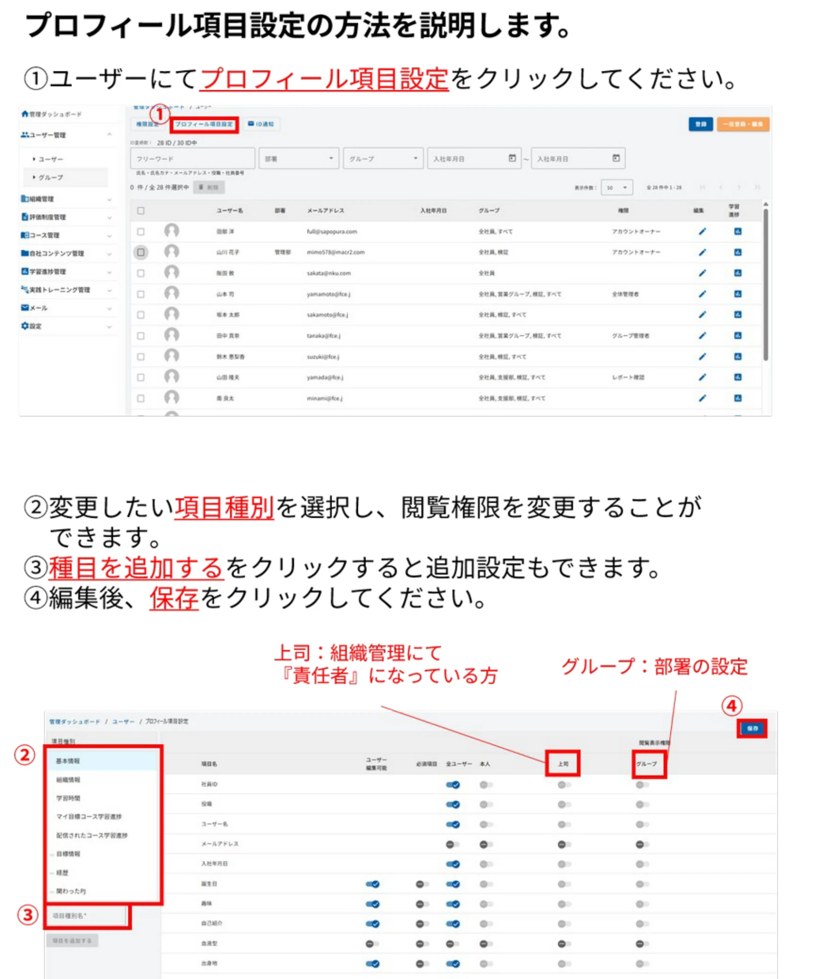 プロフィール項目設定の操作手順（①〜④）