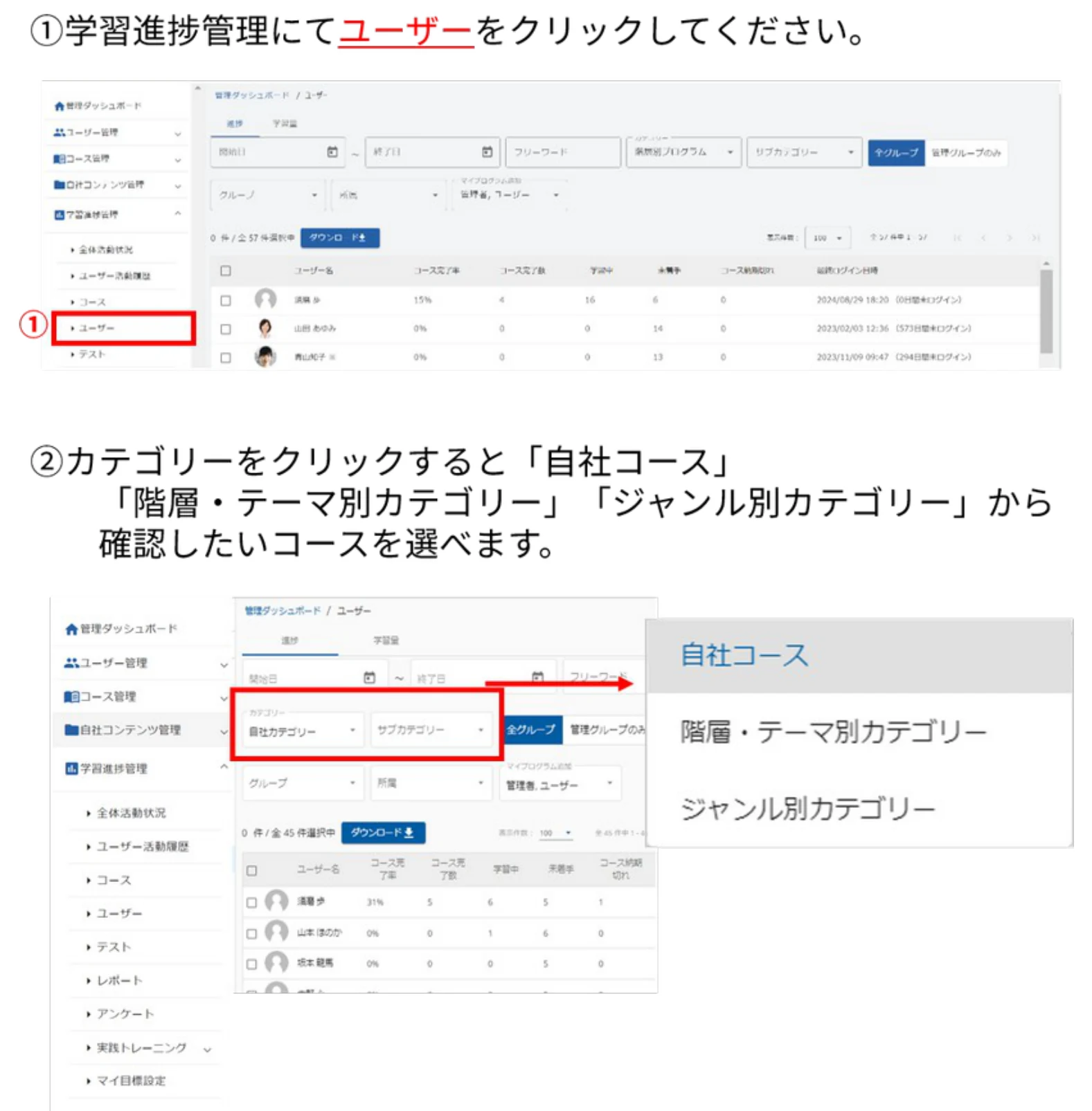 ユーザー別の学習進捗画面とカテゴリーの選択